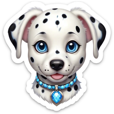 Cinematic Cute Harlequin Dalmatian Portrait Emoji, Head tilted playfully and inquisitively, featuring a glossy Fur of predominantly white with dynamic black patches, round, sparkling blue eyes filled with gentle curiosity, Simplified yet irresistibly adorable features, highly detailed, glowing with a warm, friendly glow, high shine, affectionate and gentle, stylized with a touch of whimsy, bright and endearing, soft glowing outline, capturing the essence of a mischievous yet loving pup, so playful it feels like it could lumber out of the screen and into your arms! sticker