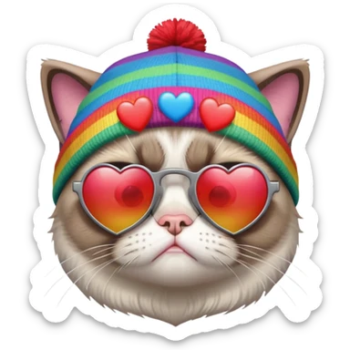 grumpy cat wearing a rainbow beanie and heart-shaped sunglasses sticker