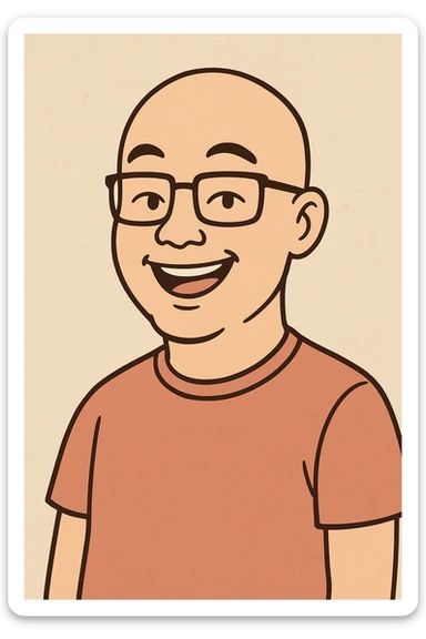 cartoon style, skinhead Asian man with glasses, smiling, minimal background sticker