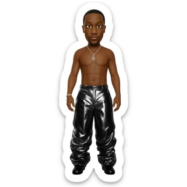 Jay-Z with black metallic baggy pants, shirtless with necklace sticker