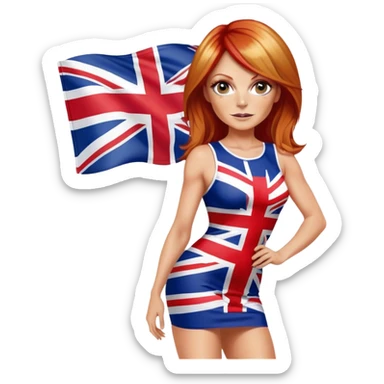 Geri Halliwell with red hair and blonde highlights wearing a short bodycon uk flag dress sticker