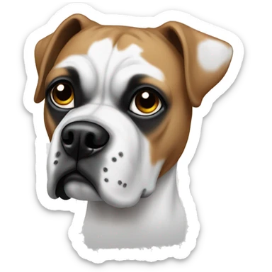 White boxer dog with one black eye sticker