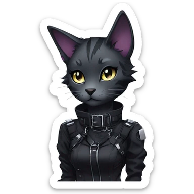 Gorgeous edgy epic futuristic punk gothic dark techwear anime style anthro cat with blushing face aesthetic and pretty edgy black with collar and harness trending style sticker
