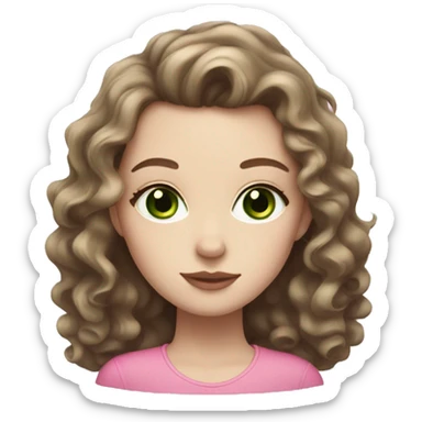 Girl with pale white skin, green eyes, long curly brown hair with pink lips. sticker