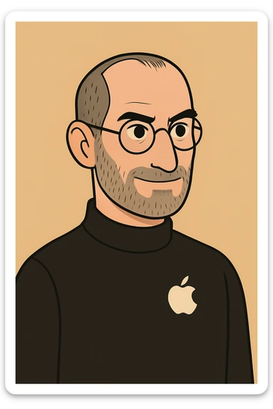 Add a small minimalist Apple logo to Steve Jobs' turtleneck, keeping the minimalist style of the image. sticker