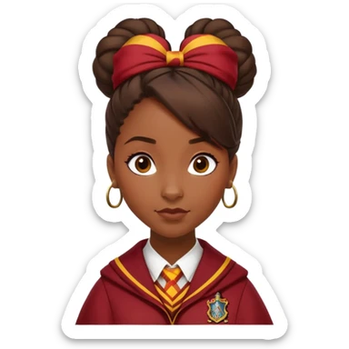 Tiana Benjamin is Angelina Johnson in harry potter, wear hogwarts gryfindor uniform,  thick, brown 1 knot bun hair , reflecting her bold, stylish, and strong personality sticker