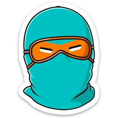 teal and orange ski mask with loving face sticker