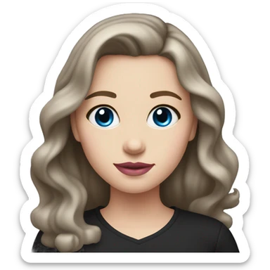 Brunette white girl with blue-grey eyes, pink lips and medium-long length wavy hair in a black shirt sticker