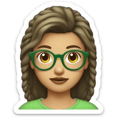 une fille aux cheveux brun avec une queue de cheval basse et des lunettes rondes dorées des sourcils un peu épais et un t-shirt rayé vert clair et vert foncé  sticker