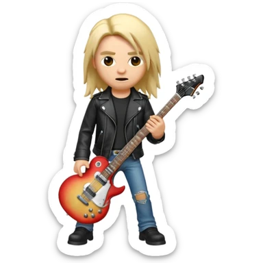 3D Apple-style emoji of a metal musician. Long hair, black leather jacket, ripped jeans, holding an electric guitar. Intense expression, glossy, rounded, smooth, soft shadows, white background.









 sticker