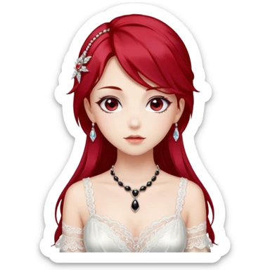 Beautiful shiny Gorgeous Anime Lady with dark hair and red hair streaks with a beautiful white silky lace dress and rubies and onyx gems  sticker