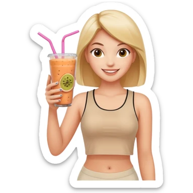a young woman in a beige top and leggings and white sneakers with a passion fruit smoothie in one hand and a salmon poke bowl in the other hand sticker