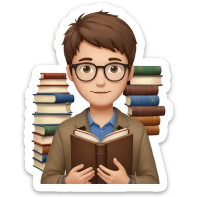 generate an ios genmoji of a fair 20 year guy with faint beard, spectacles, messy hair, books in hand sticker