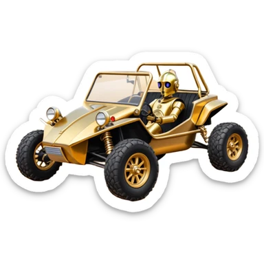 Old American West tarnished neon underglow C-3PO bounty hunter 1964 delicately ornate rosegold wood accents painted dune buggy buckboard powered by electric motors and batteries with safety and belts flying rapidly roughening terrain stable on strong agile advanced suspension and steering sticker