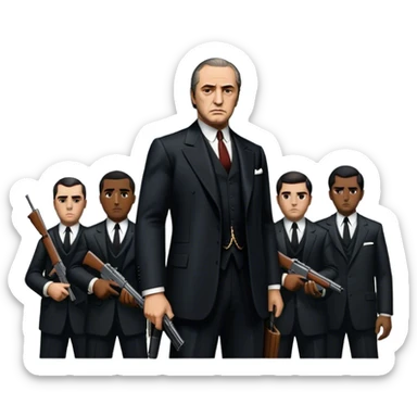 Vintage noir poster with Don Corleone surrounded by gangsters holding Thompson submachine guns. Dark and moody atmosphere with shadows, suits, and a mysterious vibe. Background features New York skyscrapers, adding to the gritty, classic gangster film feel. Transparent background. sticker