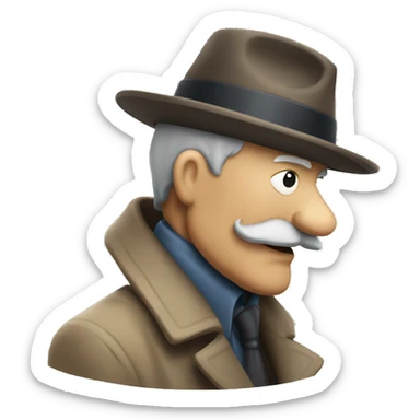 old man detective bent over with a mustache a hat and an old coat  sticker