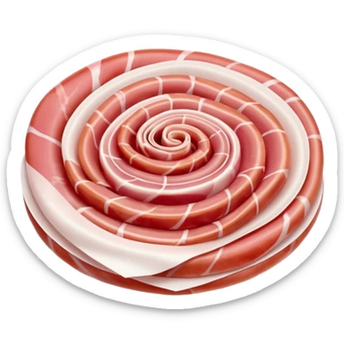 Parma ham, thin folded slices, pink to red, white fat ribbons, silky, translucent, curled or rippled, smooth creamy fat, marbled, clean 3D, soft shadows, transparent background, emoji scale sticker
