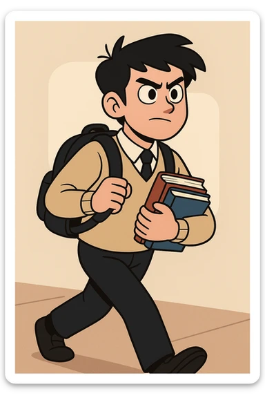 A determined South Korean high school student carrying a backpack and textbooks, looking motivated and ready for school, in a modern, clean illustration style sticker