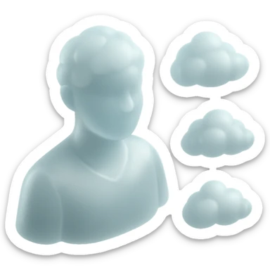 person looking straight, fully made of white fluffy convex clouds, shoulders, matte glass style sticker