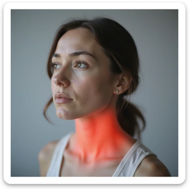 woman with enlarged thyroid (goiter), thyroid area highlighted in red, tired face, hyperrealistic details, 4K, neutral background sticker