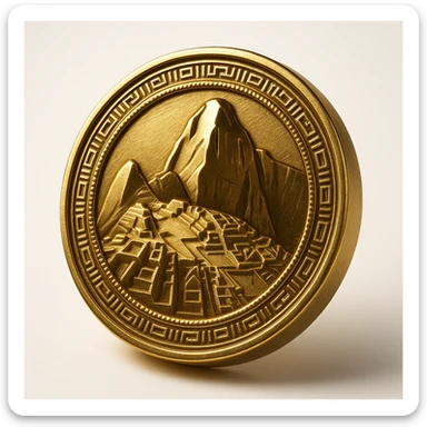 circular logo featuring Machu Picchu, stylized mountain silhouette, gold and green color palette, bold and iconic, suitable for branding sticker