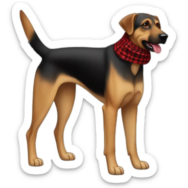 75% Coonhound 25% German Shepherd mix dog wearing small pointed red buffalo plaid bandana side view full body facing left sticker