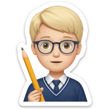 boy kid with glasses → holding a pencil with school uniform sticker