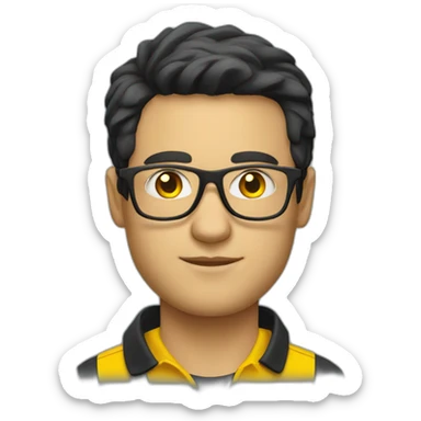 White man with yellow tinted glasses and black hair in a polo shirt sticker