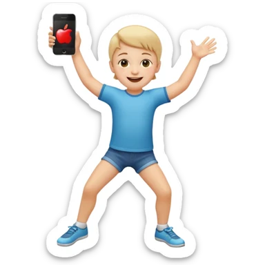 happy child dancing with a phone, arms and legs wide, apple style emoji sticker