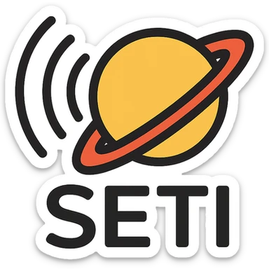 NASA-style logo for search for extraterrestrial intelligence, minimalist radio wave and planet motif, clean symbolic emblem sticker