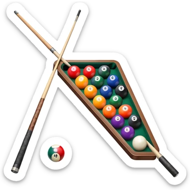 A billiard table with colorful balls arranged in a triangle, and a cue stick poised to break. The scene is set in a dimly lit room, with focused lighting highlighting the balls and table, emphasizing skill, precision, and strategy in the game of pool. sticker