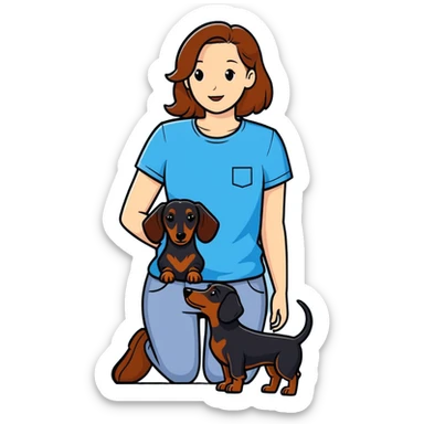 black dachshund with a girl in a blue t-shirt and brown hair sticker