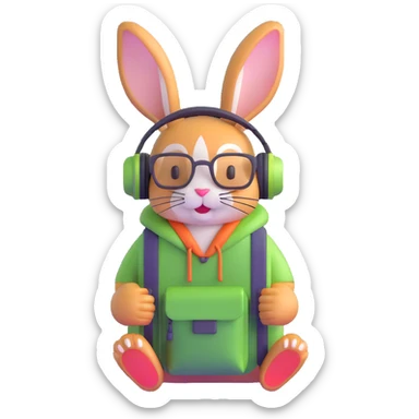 rabbit with headphones and backpack sticker