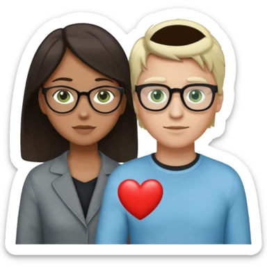la mujer es piel morena clara con pelo oscuro con ojos cafes sin lentes la ropa negra, el homre es de test blanca con gafas y pelo rubio ojos verdes y la ropa de color gris y el corazon que sostienen debe ser azul claro sticker