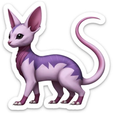 Purple, white, black, Minccino-Nidoran-Sphynx-Lykoi-Linoone-Zangoose-fusion-hybrid-animal-Fakémon-creature, full body, thin long sleek scaly tail, intricate markings sticker