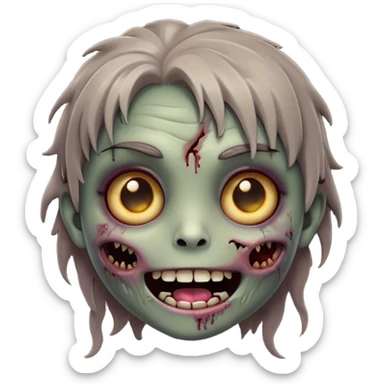 Cinematic Cute Zombie Portrait Emoji, with a delightfully quirky, slightly disheveled face in muted ashen hues, featuring quirky bright eyes and a playful, stitched-together smile, simplified yet irresistibly charming, highly detailed with a soft glowing outline that captures the adorable, offbeat spirit of a zombie who’s more cute than creepy! sticker