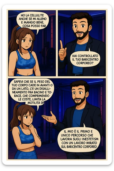 PRENDI SPUNTO DA QUESTO STILE FACENDO UN WEBTOON/MANGA:

LEI: Ho la cellulite anche se mi alleno e mangio bene, cosa posso fare?

LUI: Hai controllato il tuo baricentro corporeo?
LUI: Sapevi che se il peso del tuo corpo cade in avanti o da un lato, c’è un disallineamento fra bacino e torace, che comprimendo le coste, limita la motilità del diaframma e l’ossigenazione dei tessuti?
LUI: Il mio è il primo e unico percorso che lavora sugli inestetismi con un lavoro mirato sul baricentro corporeo. sticker