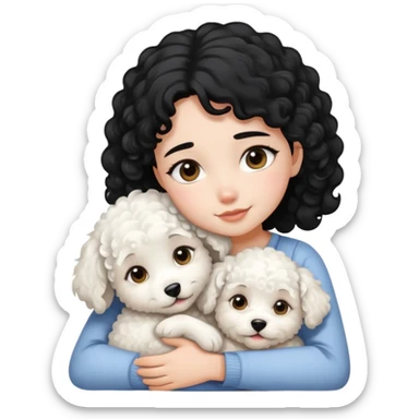 A black-haired girl hugs a white curly-haired puppy sticker