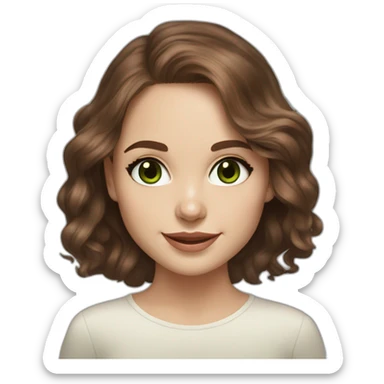 beautiful girl, white, with long loose wavy hair, brown hair, brown green eyes, looks like natalie portman, smiles at the camera,realistic drawing sticker