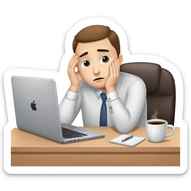 exhausted office worker slumped at desk with dark circles under eyes, laptop and coffee sticker