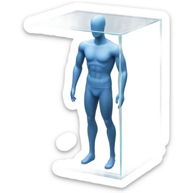 male mannequin abs cubes inside a glass cube on a stand isometric view sticker
