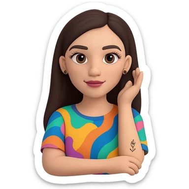 Change the skin to white, add freckles on the cheeks and nose, and ensure the hair is straight, keeping the rest the same. The subject is a female Memoji with an oval face, elegant makeup, long dark brown hair, colorful top, and a small visible tattoo on the arm. Maintain the transparent background. sticker