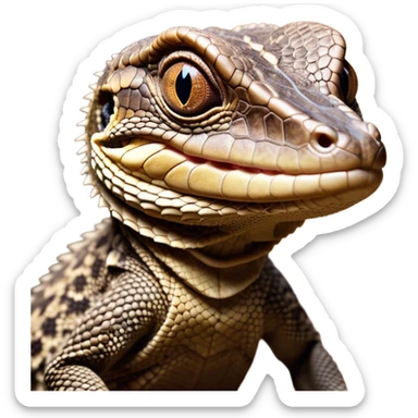 Cinematic Comical brown camo spotted monitor Lizard Portrait Emoji, Head tilted dramatically with an exaggeratedly shocked expression, featuring a robust, patterned body with wide, comically expressive eyes full of humorous disbelief, Simplified yet hilariously expressive features, highly detailed, glowing with a slightly sassy glow, high shine, dramatic yet playful, stylized with an air of quirky reptilian attitude, soft glowing outline, capturing the essence of a meme-worthy brown camo spotted monitor lizard that looks ready to side-eye its way into viral fame! sticker