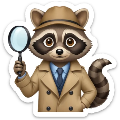 Raccoon private investigator with trenchcoat and magnifying glass sticker