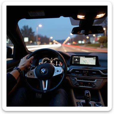 BMW Series 7 2024, photorealistic cockpit view from the driver's perspective, left hand on the steering wheel, night in Bucharest, city lights and motion blur outside, highly realistic sticker