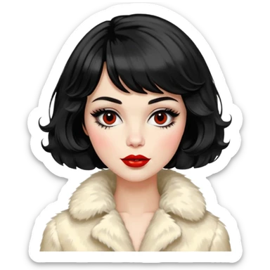 Alluring 1960's mod French girl french shiny black wavy textured bob haircut tousled hair red lips wearing cream fur coat sticker