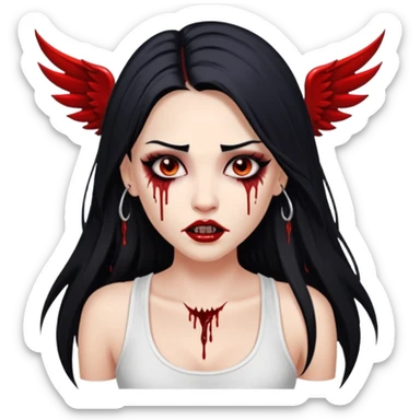 White woman with a white tank top long black hair glossy middle part long hair vamp look with fangs or blood dripping down lips brown eyes eyeliner winged with lashes top and bottom white border sticker