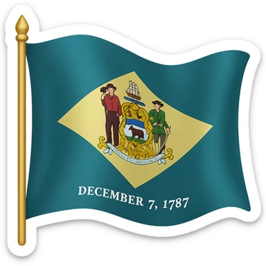 Add a waving flag effect to the Delaware flag with 1787 date and state seal, in the style of emoji (apple style emojis). The flag should have no background. sticker