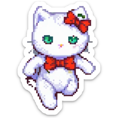 Hello Kitty white cat with red bow running energetic pose pixel art style sticker