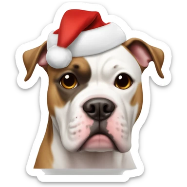 White & brown American bulldog  with a brown circle around left eye with an santa hat on sticker